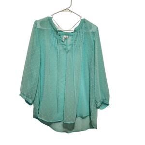 Elle Green Pintuck Tie-Neck Long Sleeve Sheer Tunic Blouse Casual Top Size XL